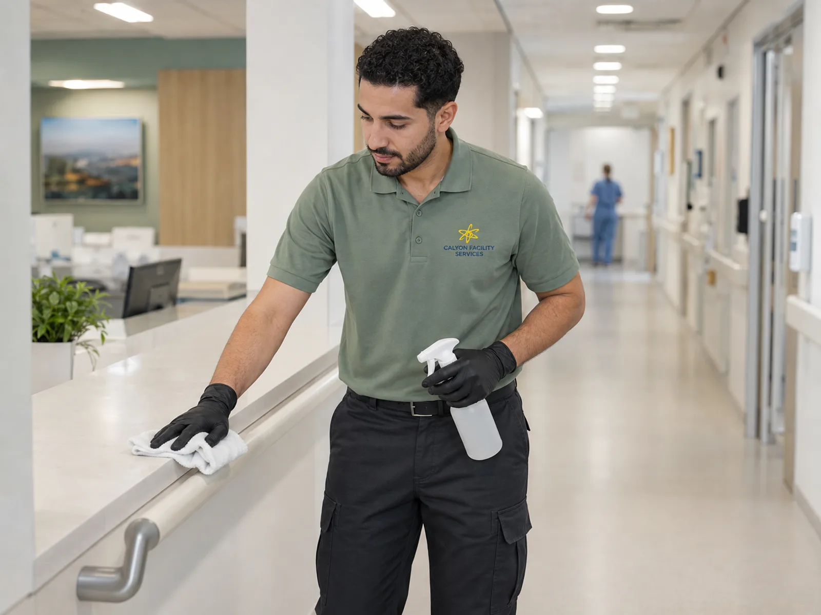 Calyon cleaner wiping down a reception counter in a healthcare facility corridor