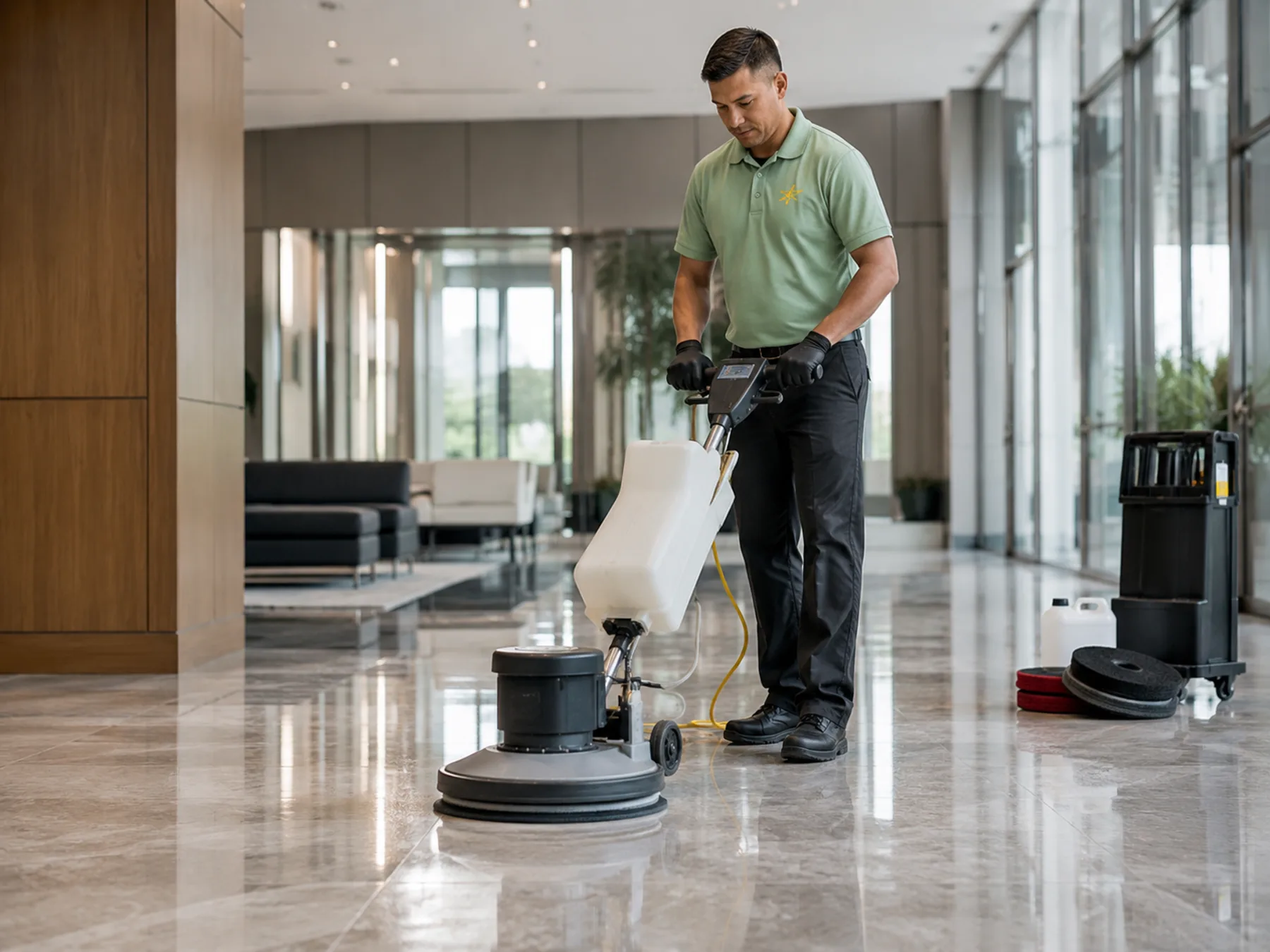 Calyon technician operating a floor buffing machine in a commercial lobby