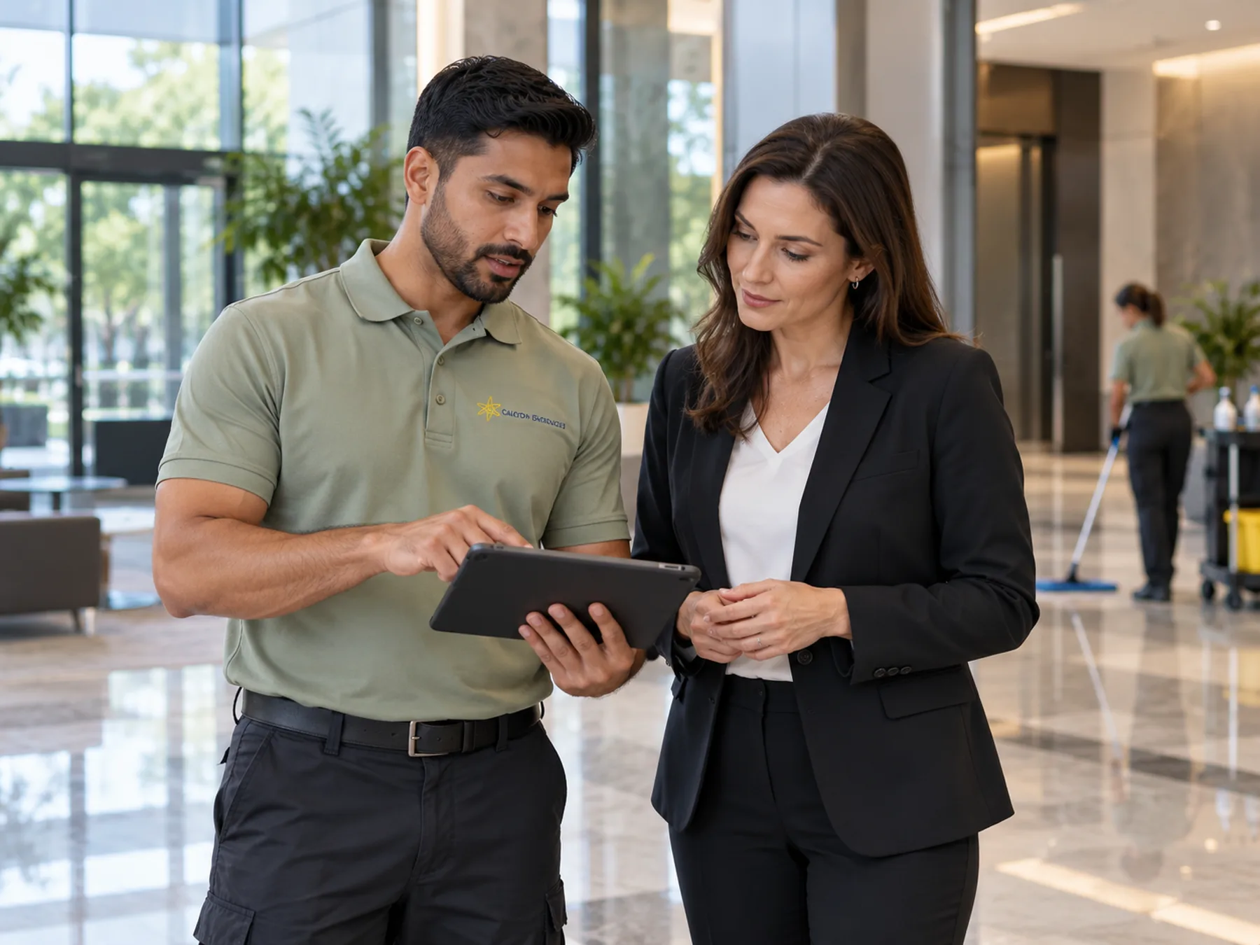 Calyon supervisor reviewing a tablet checklist with a property manager in a commercial lobby