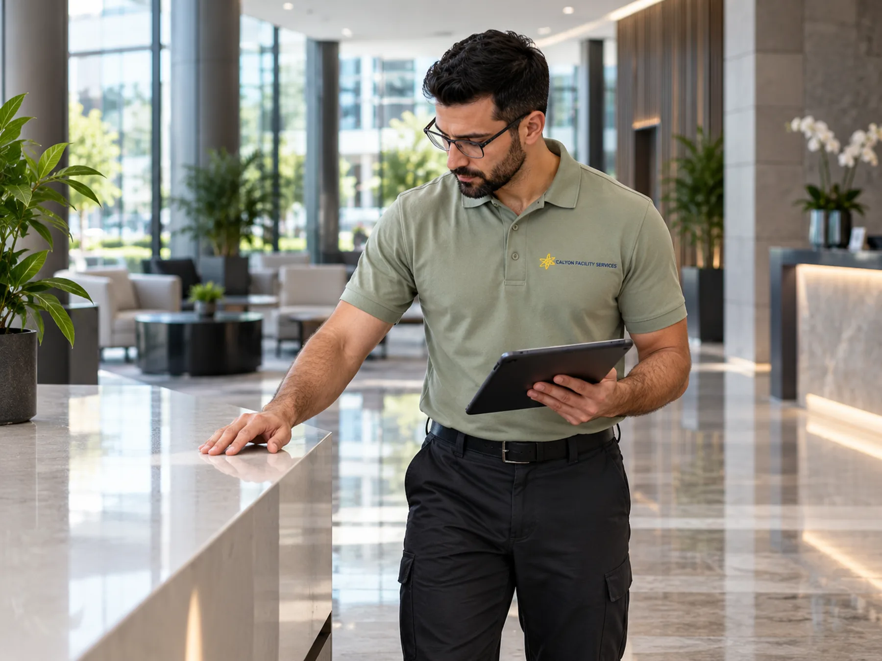 Calyon supervisor conducting a quality inspection with a tablet in a commercial lobby
