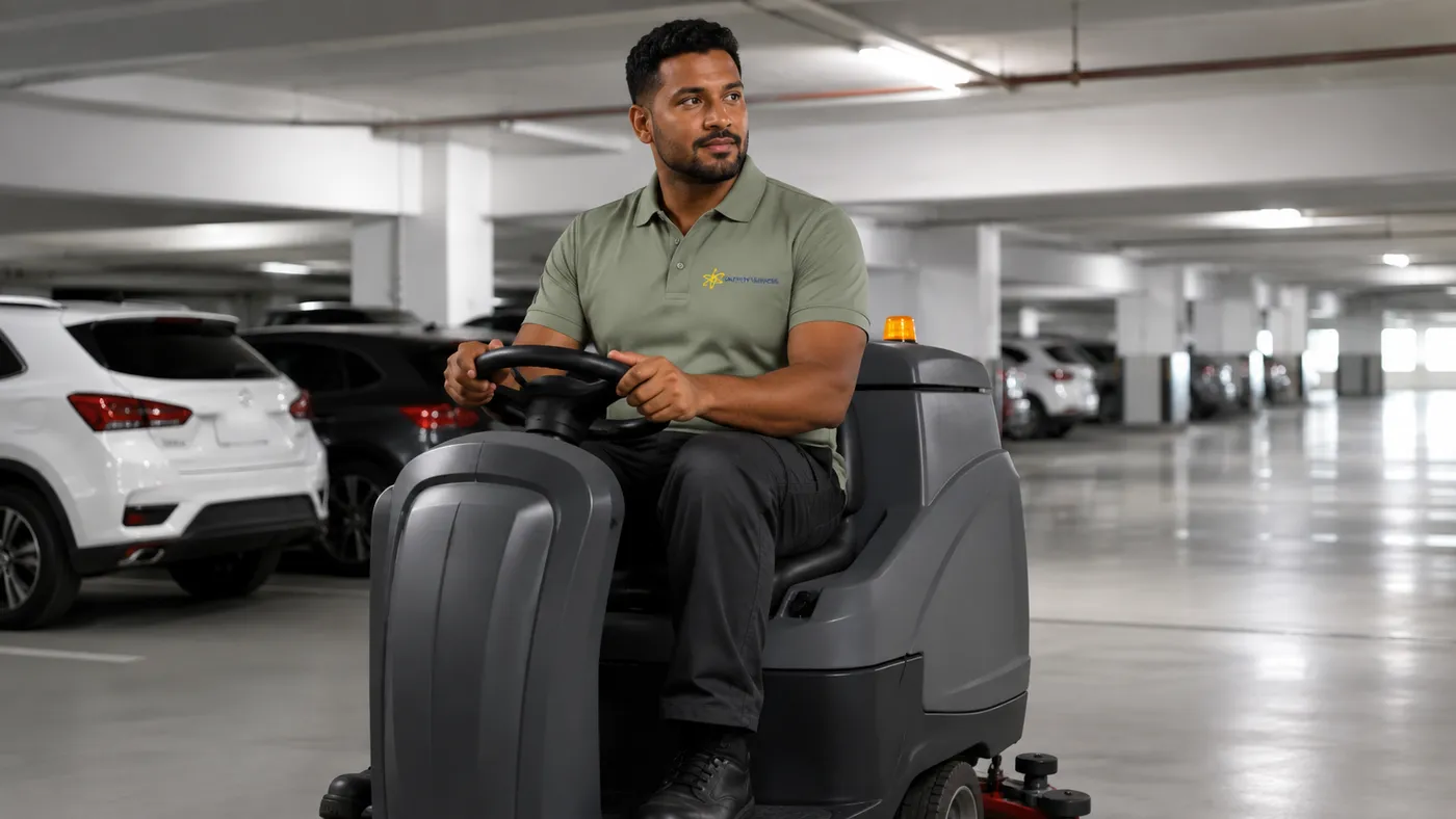 Calyon technician operating a ride-on floor scrubber in a car park