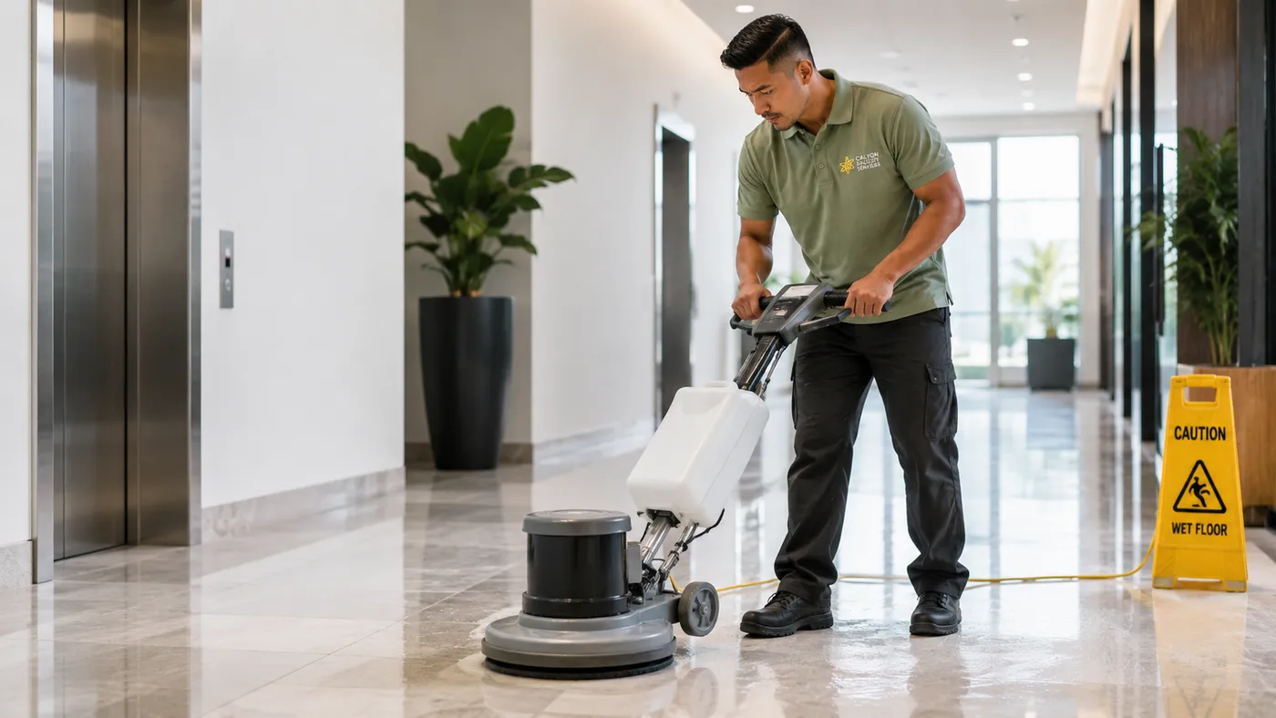 Calyon technician operating a floor polishing machine in a commercial lobby