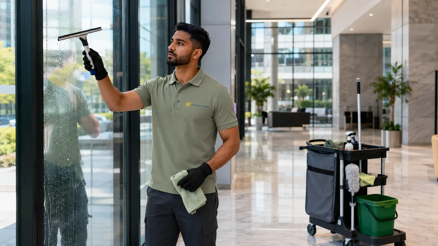 Calyon cleaner squeegeeing a glass entrance in a commercial lobby