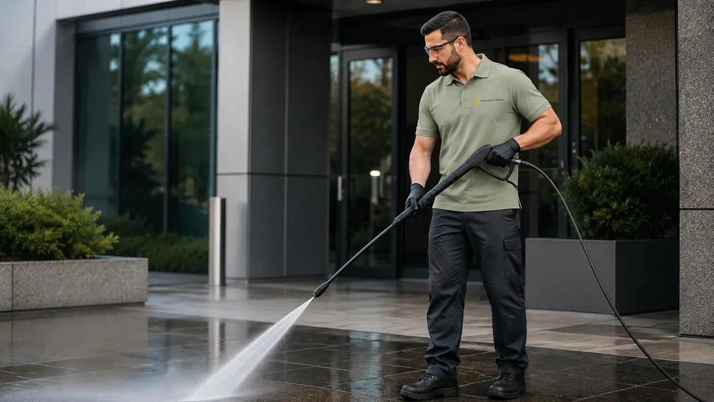 Calyon technician pressure cleaning a commercial building entrance