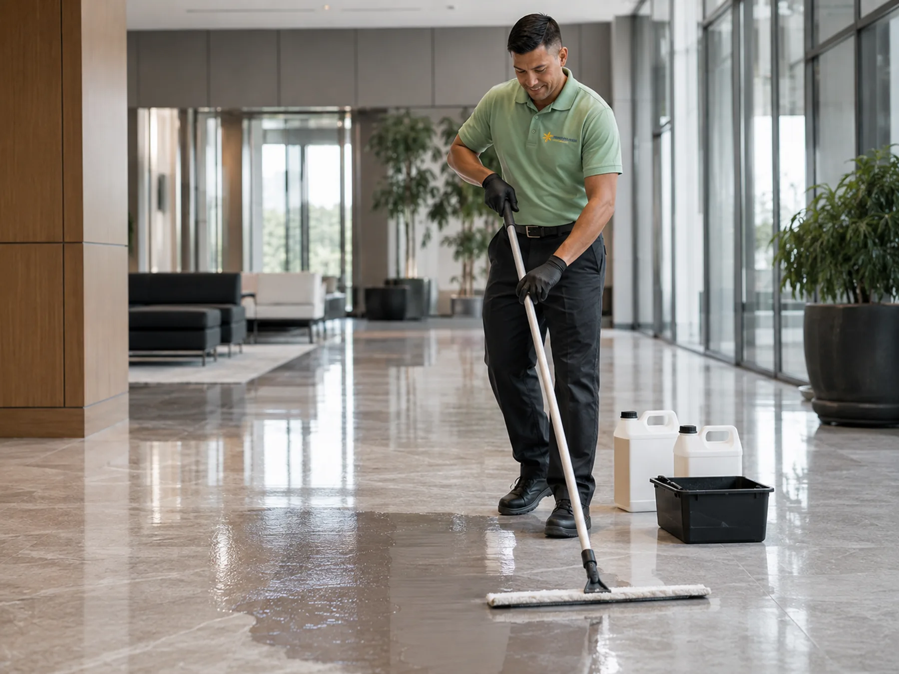 Calyon cleaner applying floor treatment solution with a flat mop in a commercial lobby