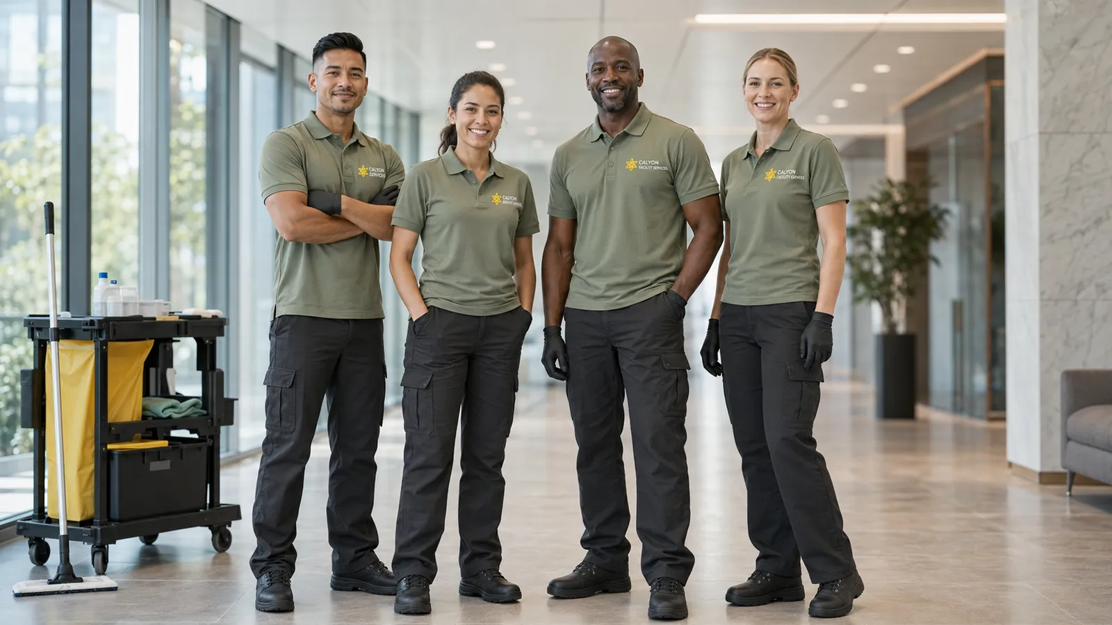 Four Calyon Facility Services team members standing together in a commercial lobby